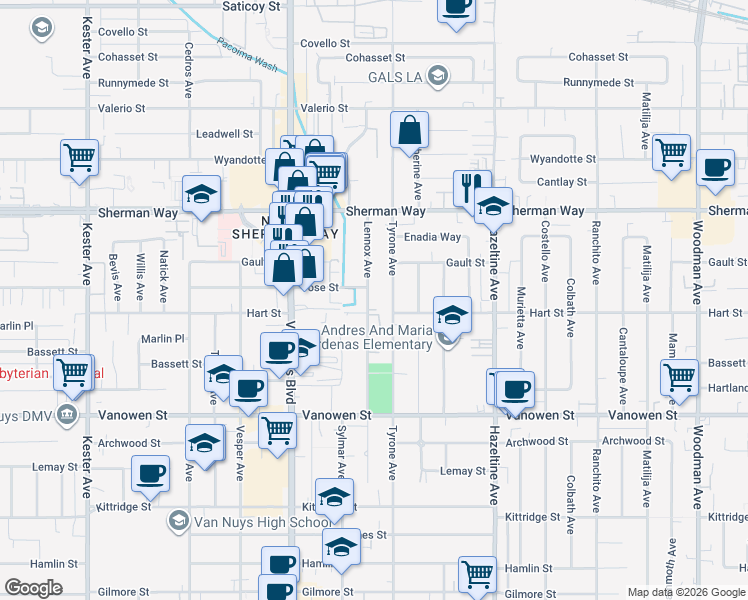 map of restaurants, bars, coffee shops, grocery stores, and more near 7035 Tyrone Avenue in Los Angeles
