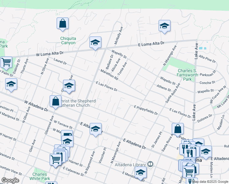 map of restaurants, bars, coffee shops, grocery stores, and more near 156 East Las Flores Drive in Altadena