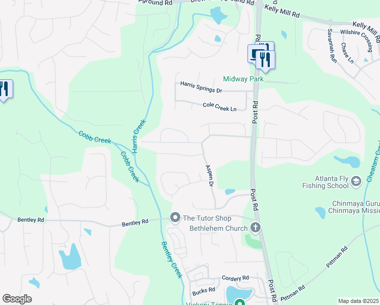 map of restaurants, bars, coffee shops, grocery stores, and more near 5750 Palmtree Pass in Cumming