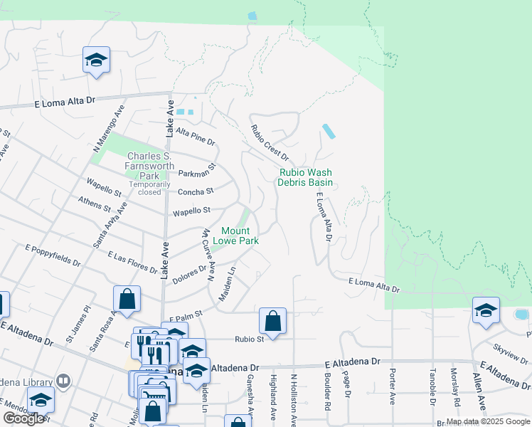 map of restaurants, bars, coffee shops, grocery stores, and more near 3125 Rubio Canyon Road in Altadena