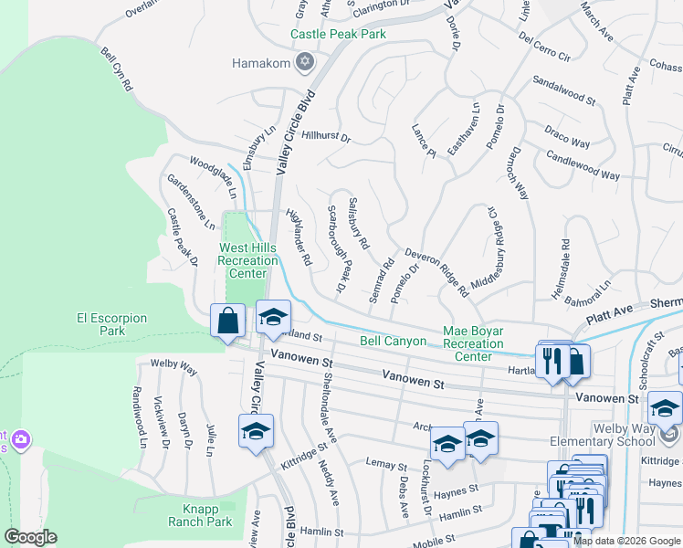map of restaurants, bars, coffee shops, grocery stores, and more near 7031 Scarborough Peak Drive in Los Angeles