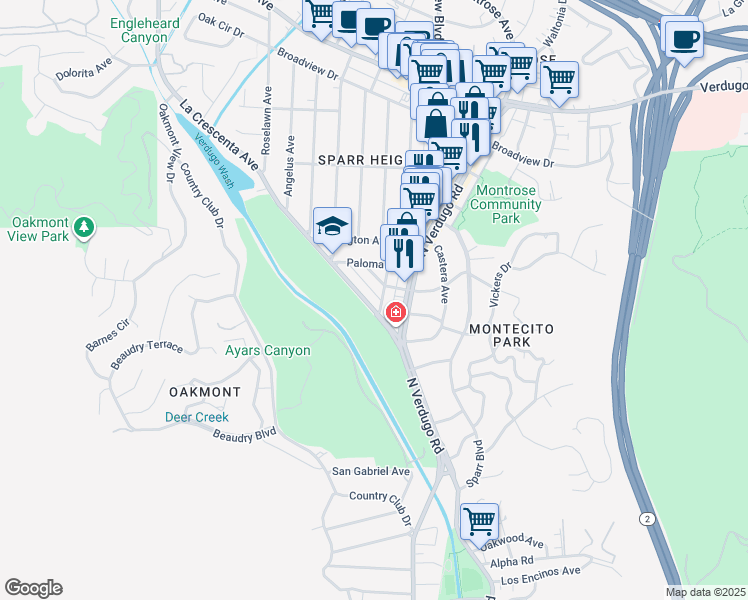 map of restaurants, bars, coffee shops, grocery stores, and more near 3250 La Crescenta Avenue in Glendale