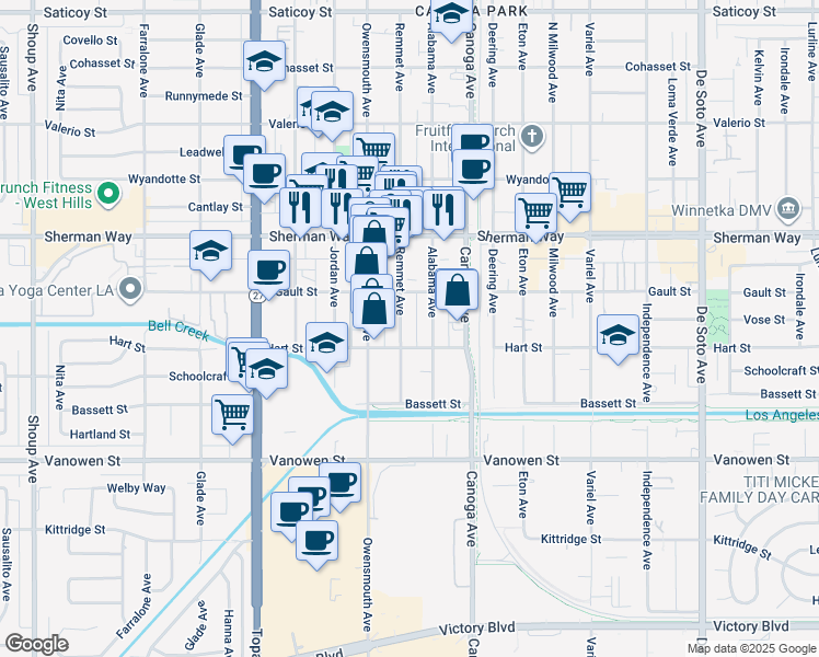 map of restaurants, bars, coffee shops, grocery stores, and more near 7020 Remmet Avenue in Los Angeles