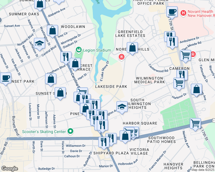 map of restaurants, bars, coffee shops, grocery stores, and more near 2305 Silver Stream Lane in Wilmington