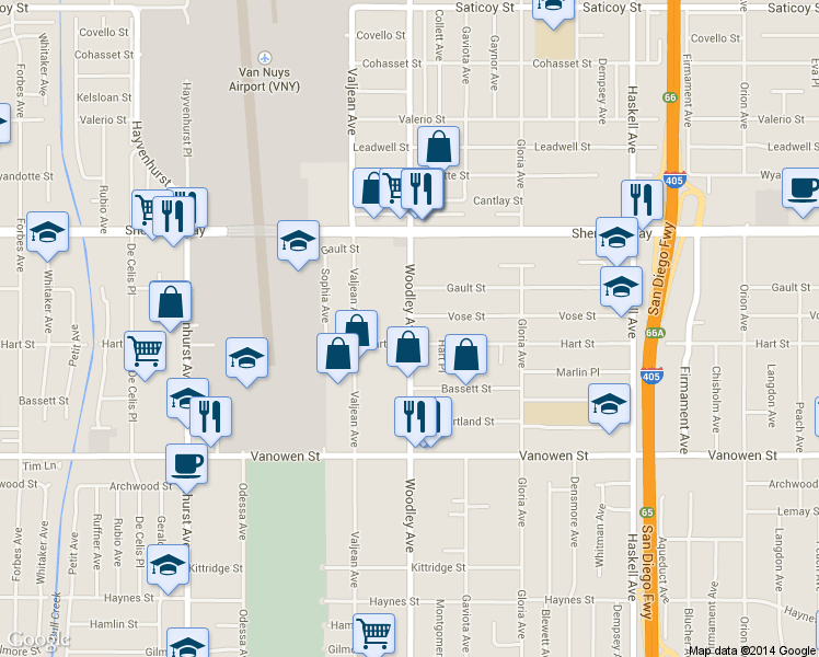 map of restaurants, bars, coffee shops, grocery stores, and more near 7036 Woodley Avenue in Los Angeles