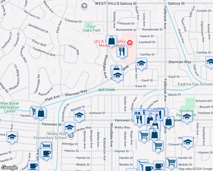 map of restaurants, bars, coffee shops, grocery stores, and more near 23201 West Canterbury Way in Los Angeles