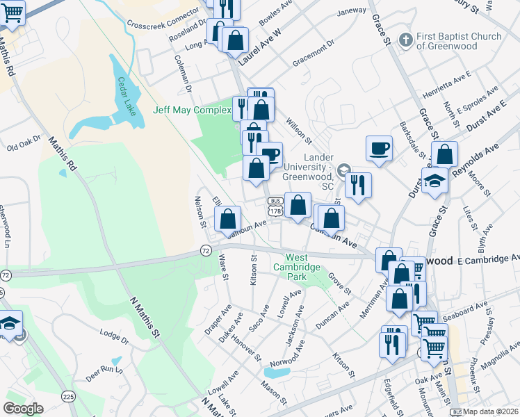 map of restaurants, bars, coffee shops, grocery stores, and more near 177-199 Montague Avenue in Greenwood