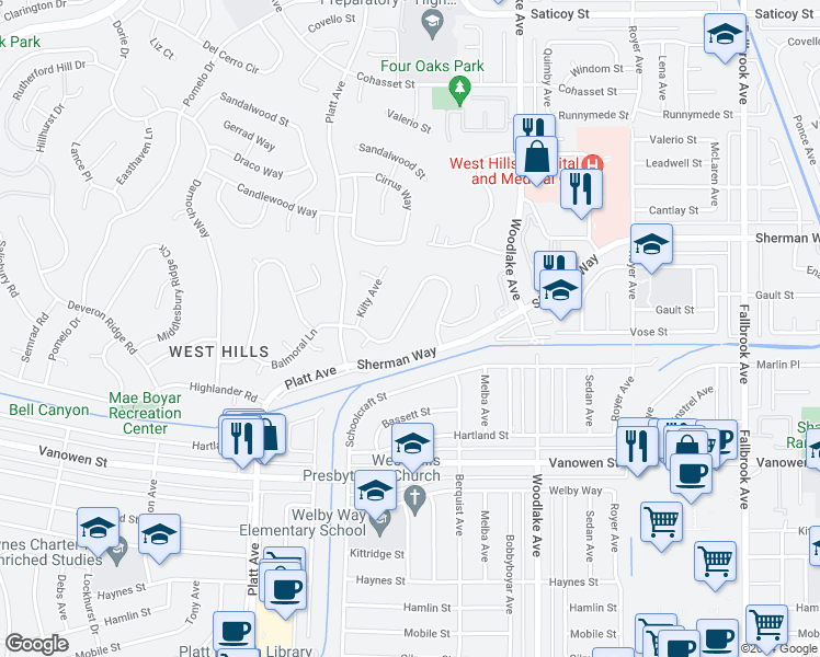 map of restaurants, bars, coffee shops, grocery stores, and more near 23426 Balmoral Lane in Los Angeles