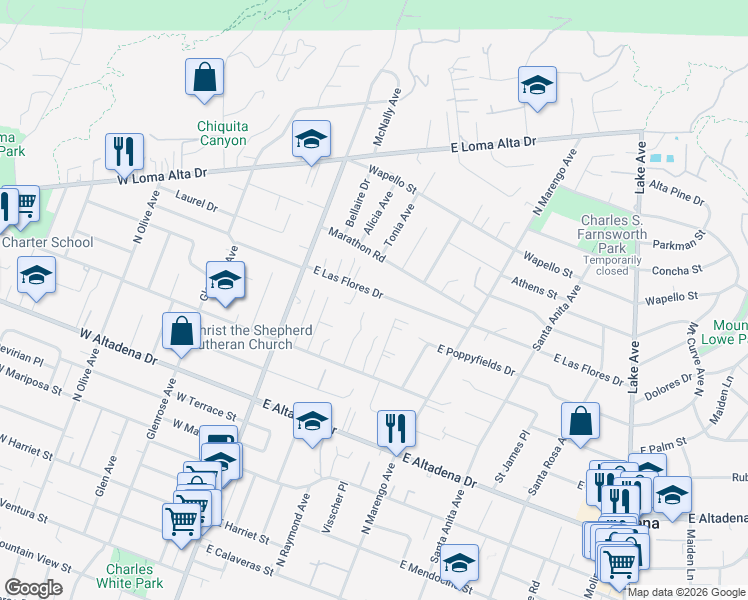 map of restaurants, bars, coffee shops, grocery stores, and more near 156 East Las Flores Drive in Altadena
