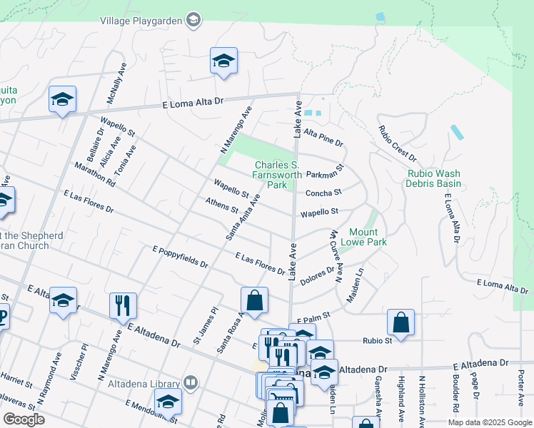 map of restaurants, bars, coffee shops, grocery stores, and more near 595 Wapello Street in Altadena