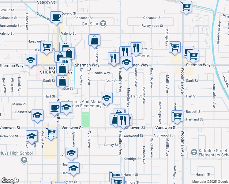 map of restaurants, bars, coffee shops, grocery stores, and more near 7014 Stansbury Avenue in Los Angeles