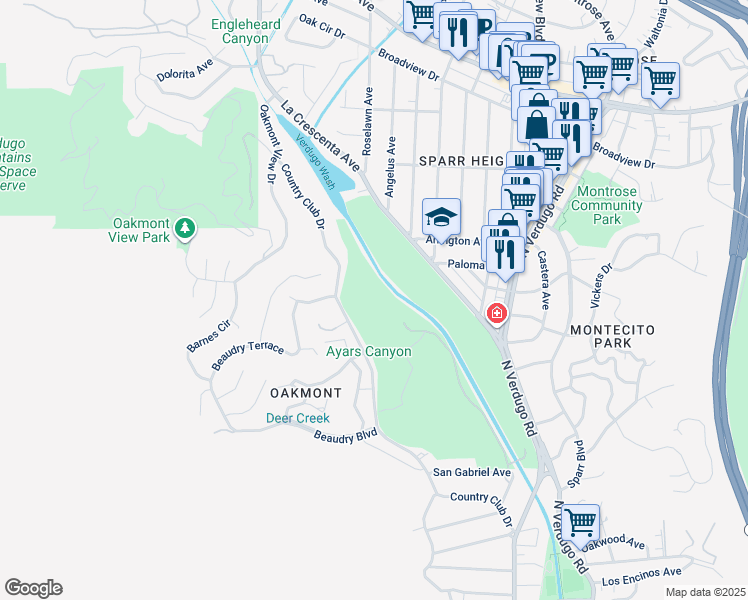 map of restaurants, bars, coffee shops, grocery stores, and more near in Glendale