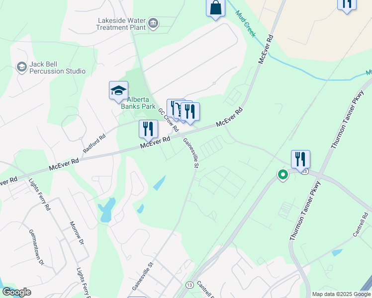 map of restaurants, bars, coffee shops, grocery stores, and more near 5201-5215 Gainesville St in Flowery Branch