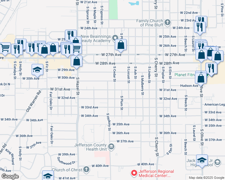 map of restaurants, bars, coffee shops, grocery stores, and more near 1710 West 31st Avenue in Pine Bluff
