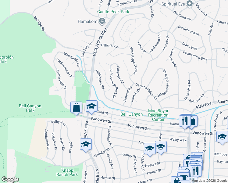 map of restaurants, bars, coffee shops, grocery stores, and more near 7031 Scarborough Peak Drive in Los Angeles