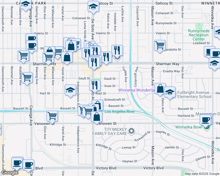 map of restaurants, bars, coffee shops, grocery stores, and more near 20737 Vose Street in Los Angeles