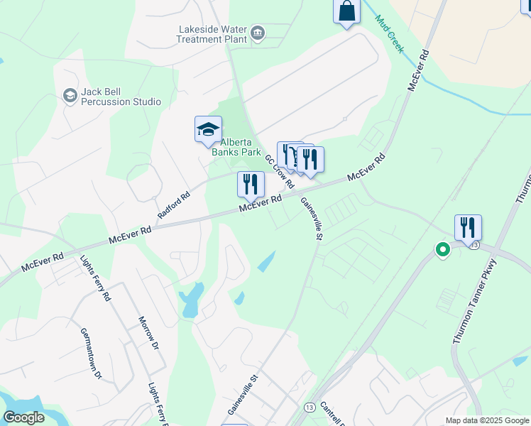 map of restaurants, bars, coffee shops, grocery stores, and more near 5349 Melbourne Lane in Flowery Branch