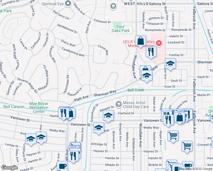 map of restaurants, bars, coffee shops, grocery stores, and more near 23426 Balmoral Lane in Los Angeles