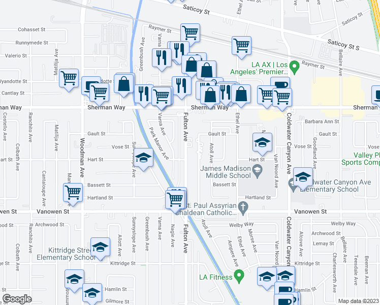 map of restaurants, bars, coffee shops, grocery stores, and more near 7018 Fulton Avenue in Los Angeles