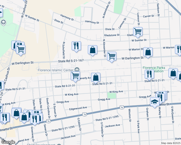 map of restaurants, bars, coffee shops, grocery stores, and more near 160 North Calhoun Drive in Florence
