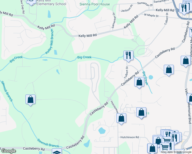 map of restaurants, bars, coffee shops, grocery stores, and more near 3522 Village Enclave Lane in Cumming