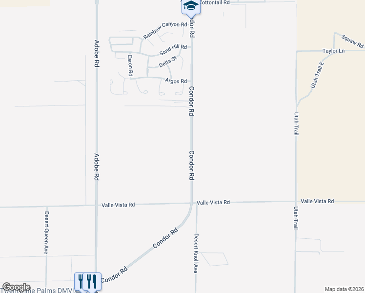 map of restaurants, bars, coffee shops, grocery stores, and more near Condor Road in Twentynine Palms