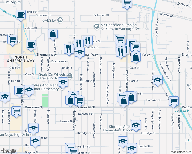 map of restaurants, bars, coffee shops, grocery stores, and more near 7014 Colbath Avenue in Los Angeles