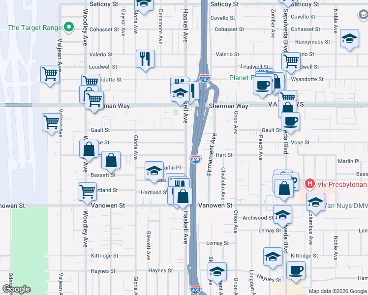 map of restaurants, bars, coffee shops, grocery stores, and more near 7040 Haskell Avenue in Los Angeles