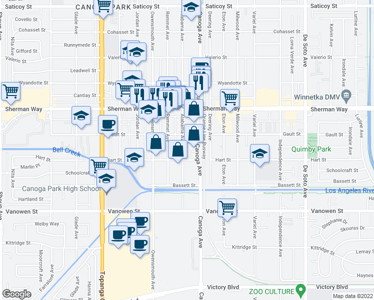 map of restaurants, bars, coffee shops, grocery stores, and more near in Los Angeles