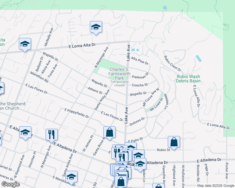 map of restaurants, bars, coffee shops, grocery stores, and more near 614 Wapello Street in Altadena