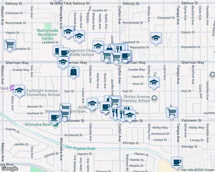 map of restaurants, bars, coffee shops, grocery stores, and more near 7020 Quartz Avenue in Los Angeles