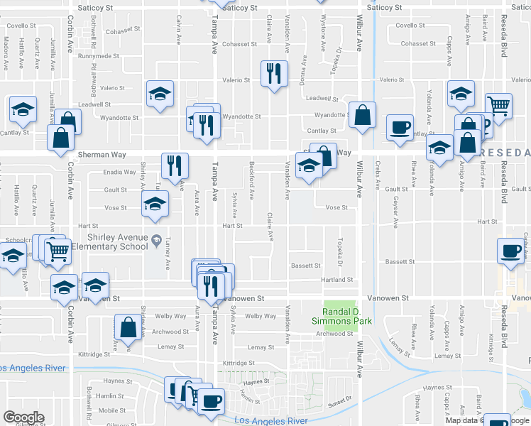 map of restaurants, bars, coffee shops, grocery stores, and more near 7019 Claire Avenue in Los Angeles