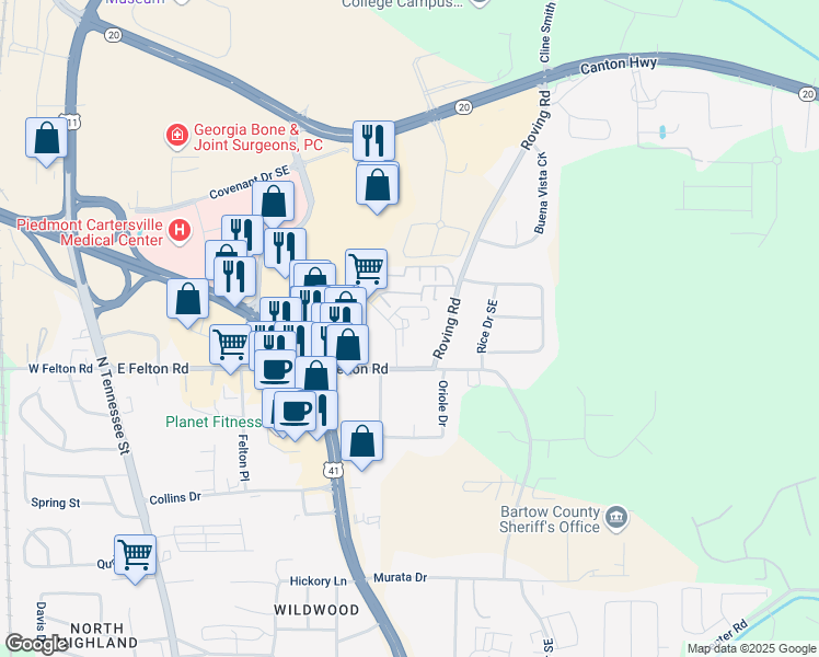 map of restaurants, bars, coffee shops, grocery stores, and more near 22 Maple Ridge Drive in Cartersville