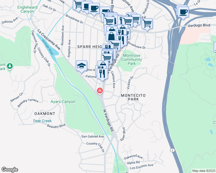 map of restaurants, bars, coffee shops, grocery stores, and more near 1808 Glencoe Way in Glendale