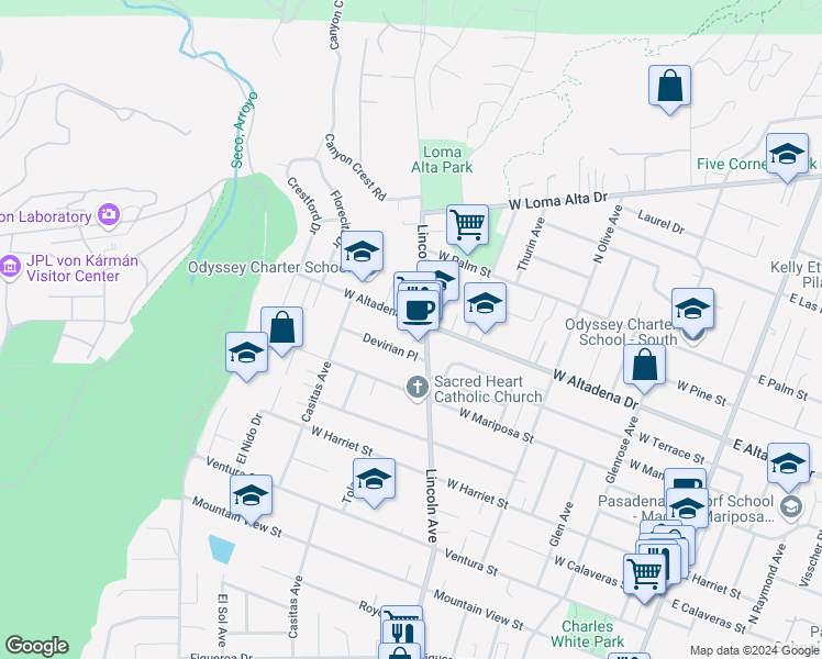 map of restaurants, bars, coffee shops, grocery stores, and more near 619 West Altadena Drive in Altadena