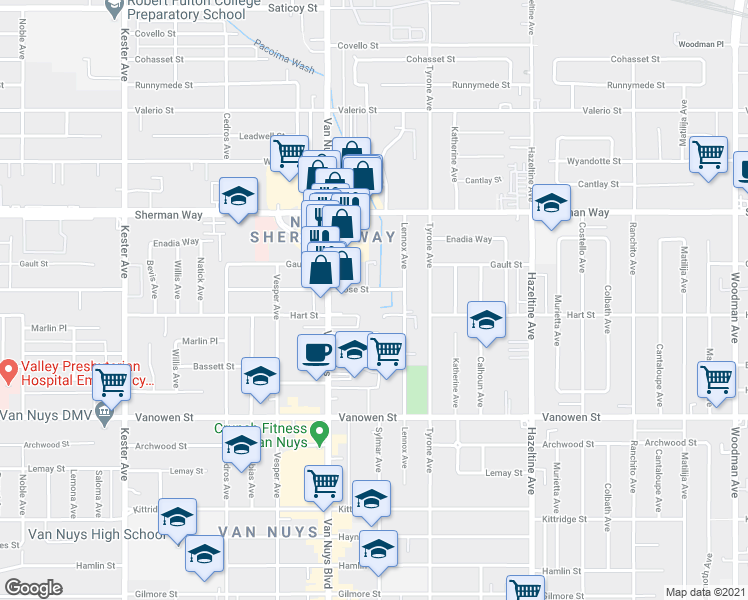 map of restaurants, bars, coffee shops, grocery stores, and more near 14431 Vose Street in Los Angeles