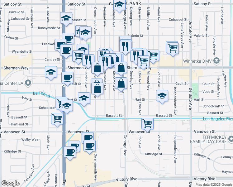 map of restaurants, bars, coffee shops, grocery stores, and more near 7032 Alabama Avenue in Los Angeles