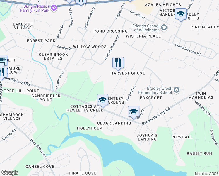 map of restaurants, bars, coffee shops, grocery stores, and more near 5724 Woodland Trce in Wilmington