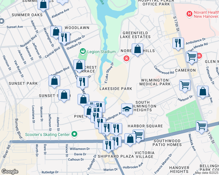 map of restaurants, bars, coffee shops, grocery stores, and more near 2305 Silver Stream Lane in Wilmington