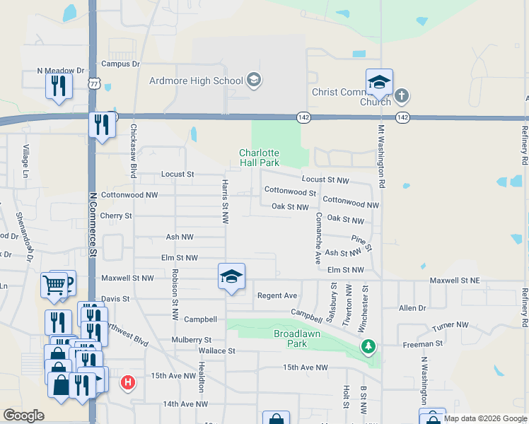 map of restaurants, bars, coffee shops, grocery stores, and more near 1902 Choctaw Street Northwest in Ardmore