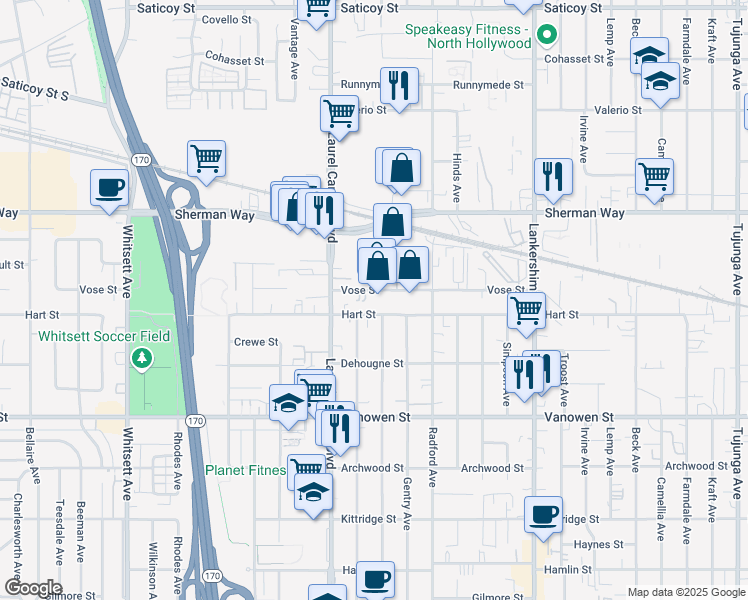 map of restaurants, bars, coffee shops, grocery stores, and more near 12010 Vose Street in Los Angeles