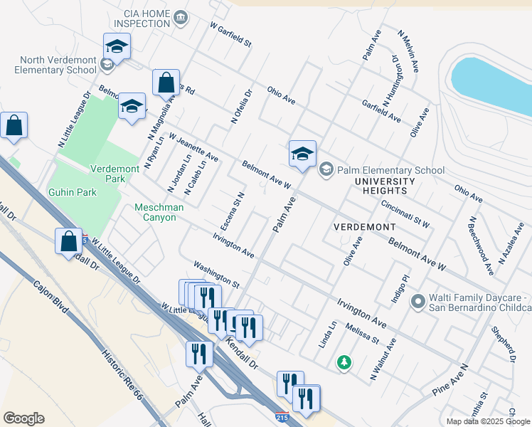 map of restaurants, bars, coffee shops, grocery stores, and more near 3084 Blue Mountain Street in San Bernardino
