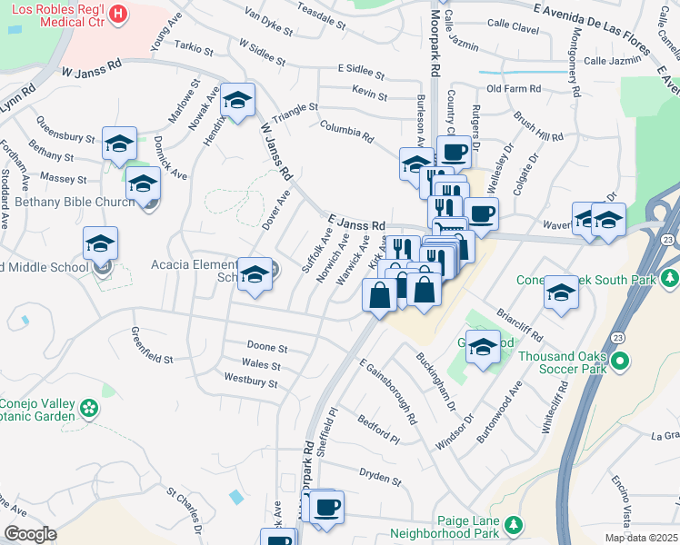 map of restaurants, bars, coffee shops, grocery stores, and more near 1491 Warwick Avenue in Thousand Oaks