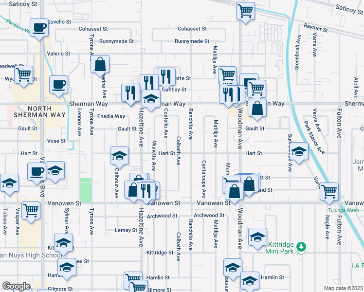 map of restaurants, bars, coffee shops, grocery stores, and more near 7014 Colbath Avenue in Los Angeles