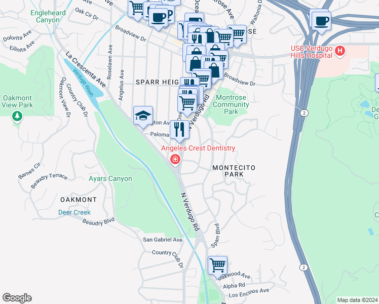 map of restaurants, bars, coffee shops, grocery stores, and more near 1808 Glencoe Way in Glendale