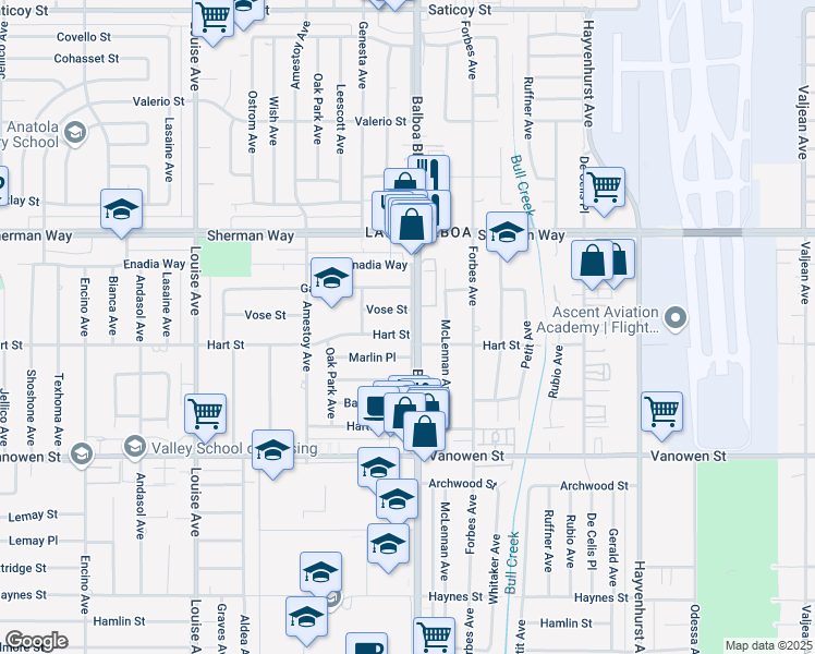 map of restaurants, bars, coffee shops, grocery stores, and more near 16901 Hart Street in Los Angeles
