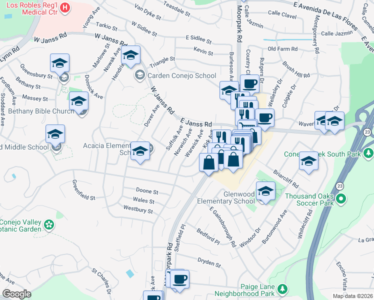 map of restaurants, bars, coffee shops, grocery stores, and more near 1491 Warwick Avenue in Thousand Oaks