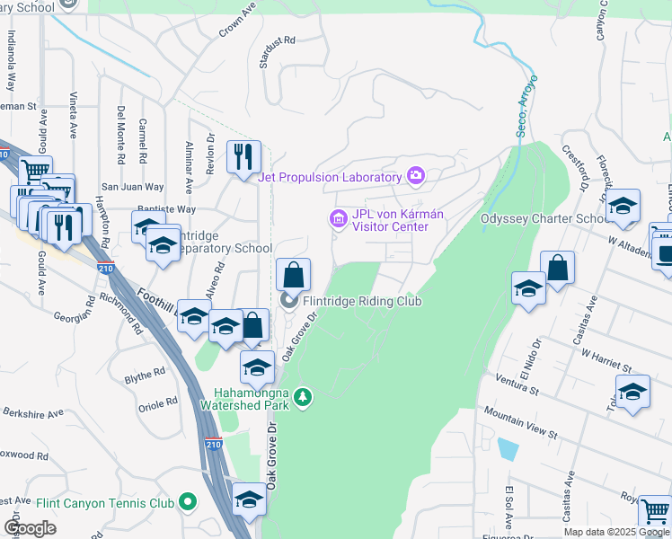 map of restaurants, bars, coffee shops, grocery stores, and more near 4800 Oak Grove Drive in Pasadena