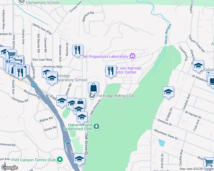 map of restaurants, bars, coffee shops, grocery stores, and more near 4800 Oak Grove Drive in Pasadena
