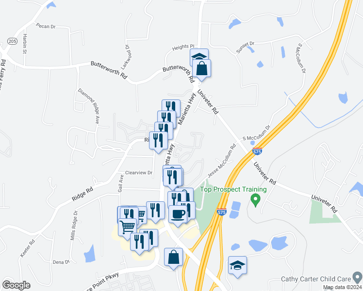 map of restaurants, bars, coffee shops, grocery stores, and more near 600 Canterbury Ridge Parkway in Canton